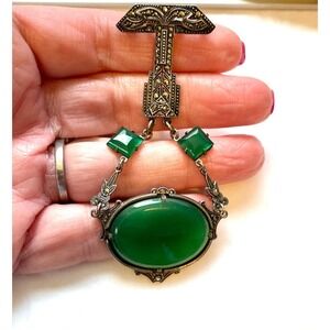 Art Deco Sterling Silver Marcasite & Chrysoprase pin